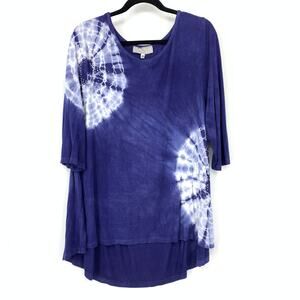 Cover Charge 3/4 Sleeve Scoop Neck T-Shirt Tunic Womems XL Blue White Tie Dye